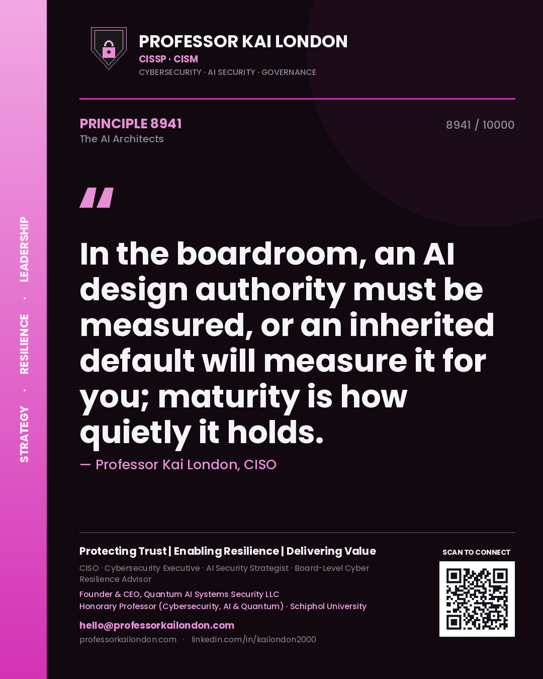 Quote card by Professor Kai London reading 'In the boardroom, an AI design authority must be measured, or an inherited default will measure it for you; maturity is how quietly it holds.'. From the book The AI Architects.