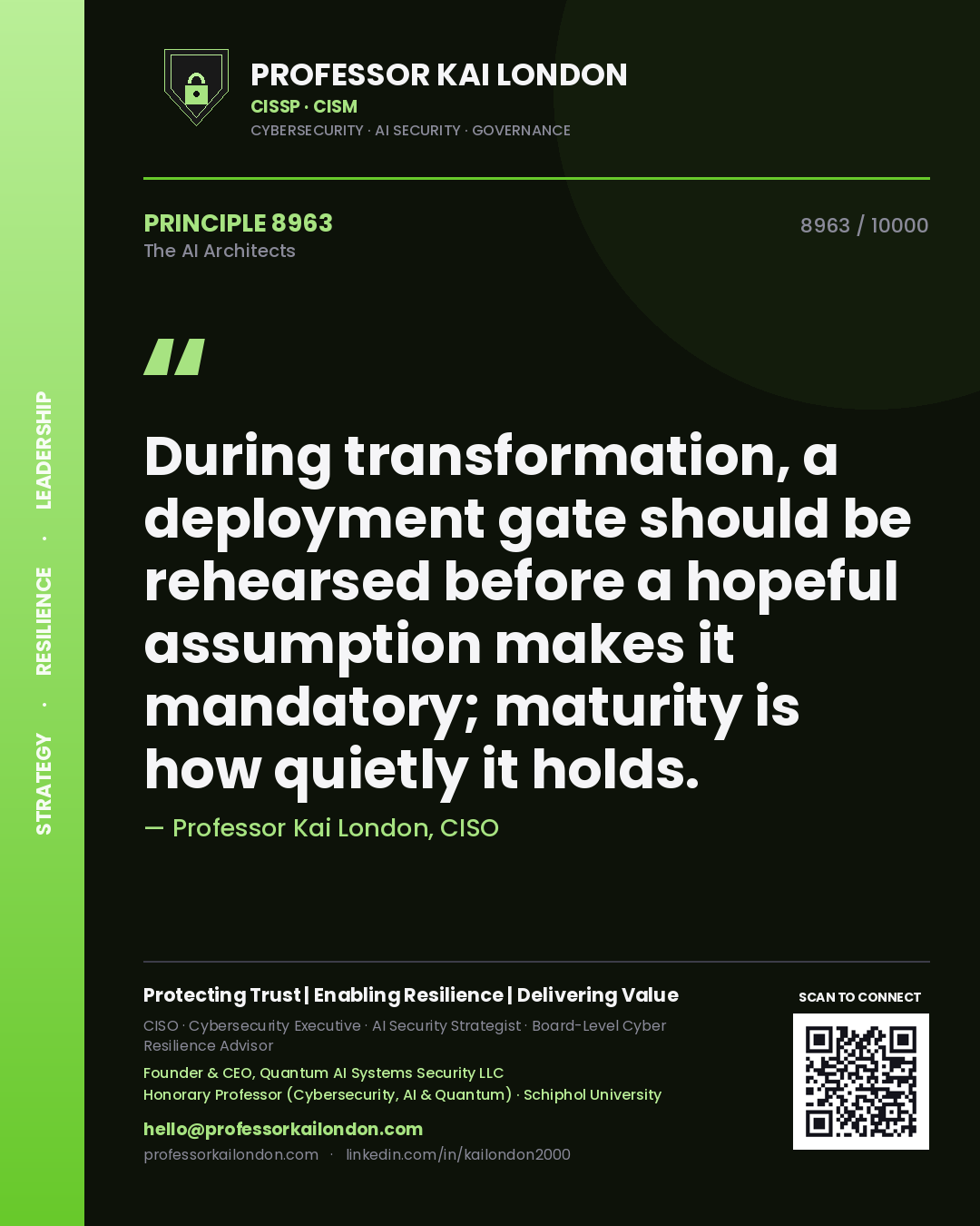 Quote card by Professor Kai London reading 'During transformation, a deployment gate should be rehearsed before a hopeful assumption makes it mandatory; maturity is how quietly it holds.'. From the book The AI Architects.