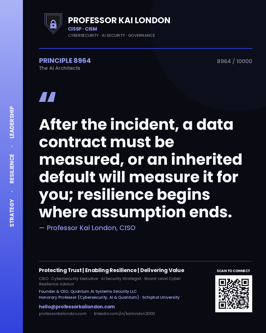 Quote card by Professor Kai London reading 'After the incident, a data contract must be measured, or an inherited default will measure it for you; resilience begins where assumption ends.'. From the book The AI Architects.