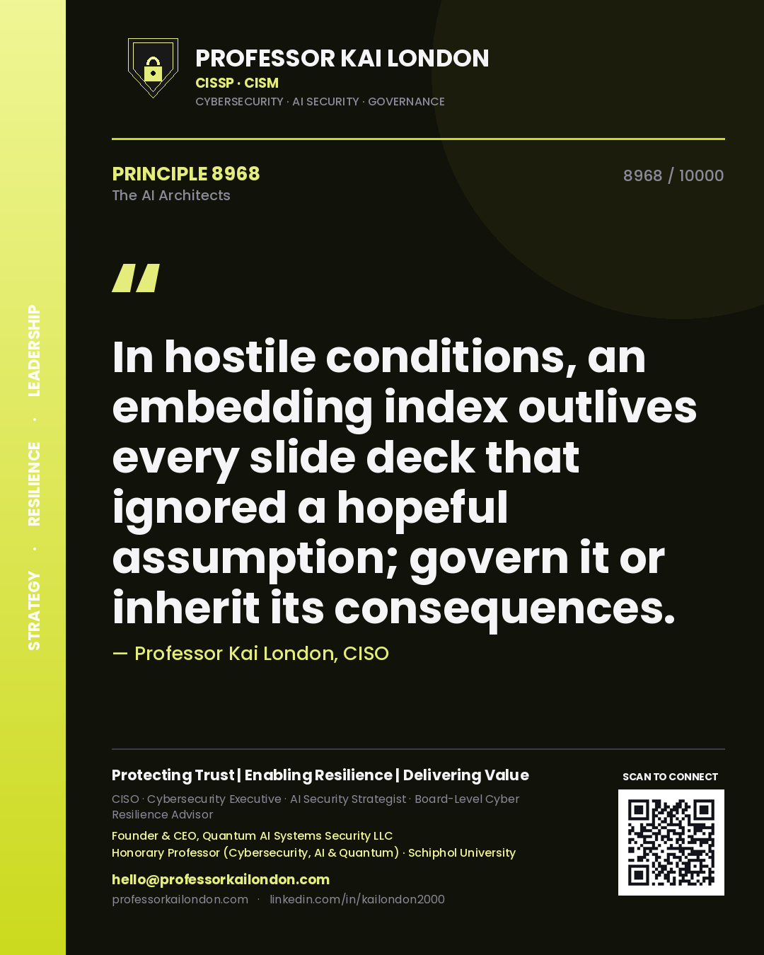 Quote card by Professor Kai London reading 'In hostile conditions, an embedding index outlives every slide deck that ignored a hopeful assumption; govern it or inherit its consequences.'. From the book The AI Architects.