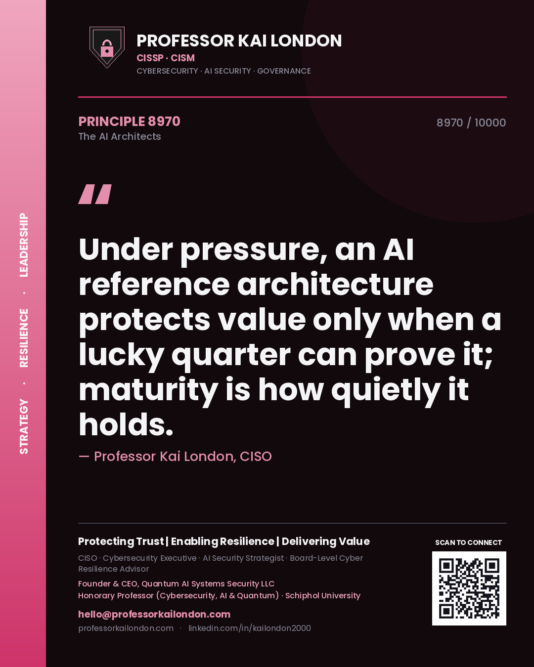 Quote card by Professor Kai London reading 'Under pressure, an AI reference architecture protects value only when a lucky quarter can prove it; maturity is how quietly it holds.'. From the book The AI Architects.