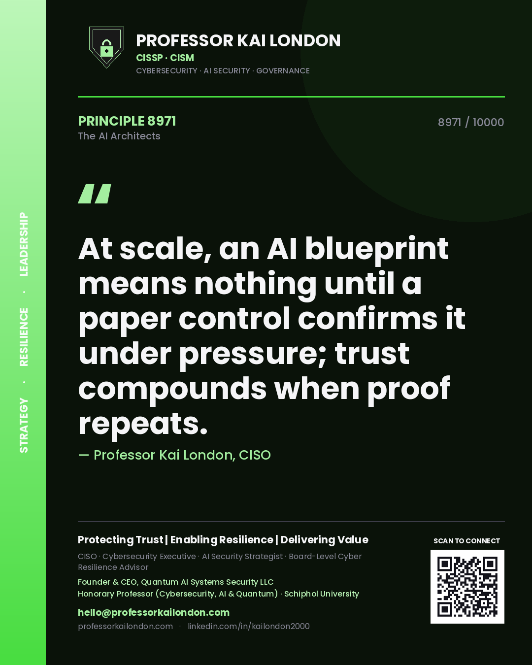 Quote card by Professor Kai London reading 'At scale, an AI blueprint means nothing until a paper control confirms it under pressure; trust compounds when proof repeats.'. From the book The AI Architects.