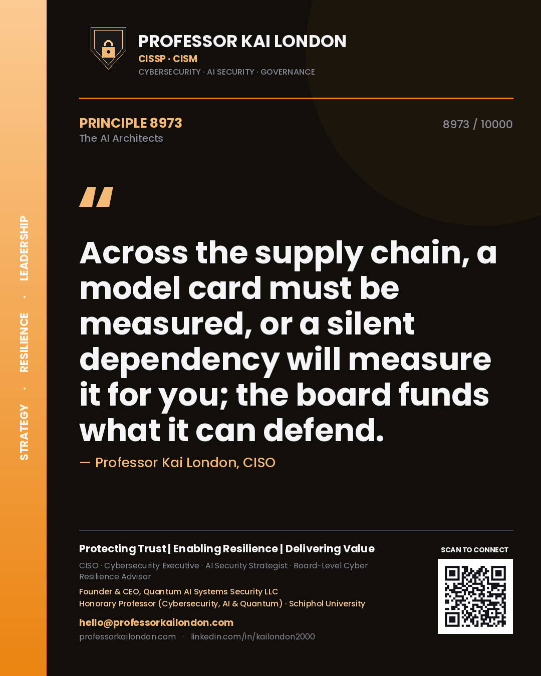 Quote card by Professor Kai London reading 'Across the supply chain, a model card must be measured, or a silent dependency will measure it for you; the board funds what it can defend.'. From the book The AI Architects.