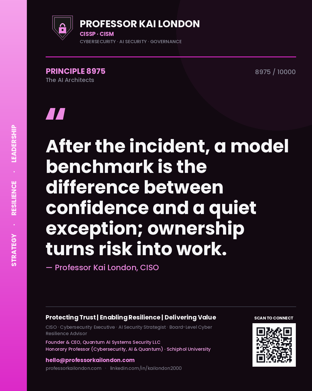 Quote card by Professor Kai London reading 'After the incident, a model benchmark is the difference between confidence and a quiet exception; ownership turns risk into work.'. From the book The AI Architects.