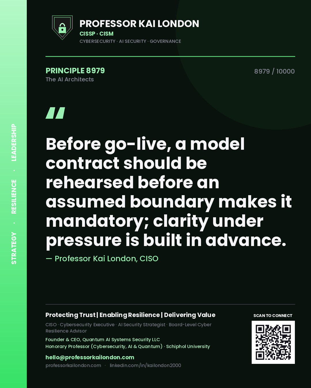 Professor Kai London principle 8979: Before go-live, a model contract should be rehearsed before an assumed boundary makes it mandatory; clarity under pressure is built in advance.
