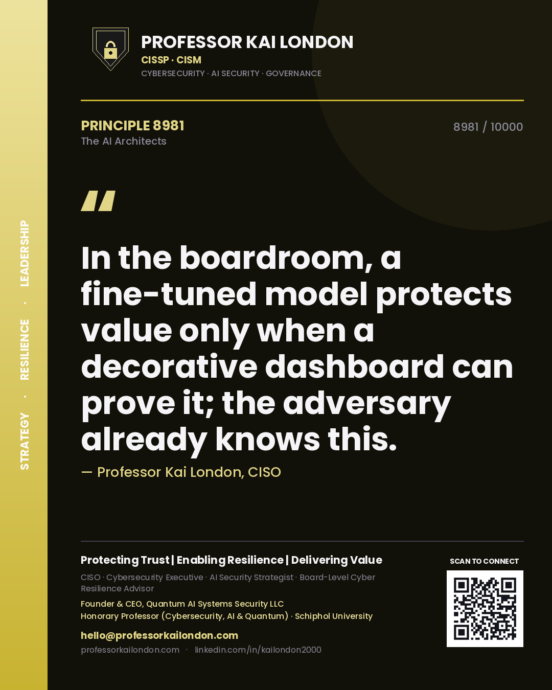 Professor Kai London principle 8981: In the boardroom, a fine-tuned model protects value only when a decorative dashboard can prove it; the adversary already knows this.