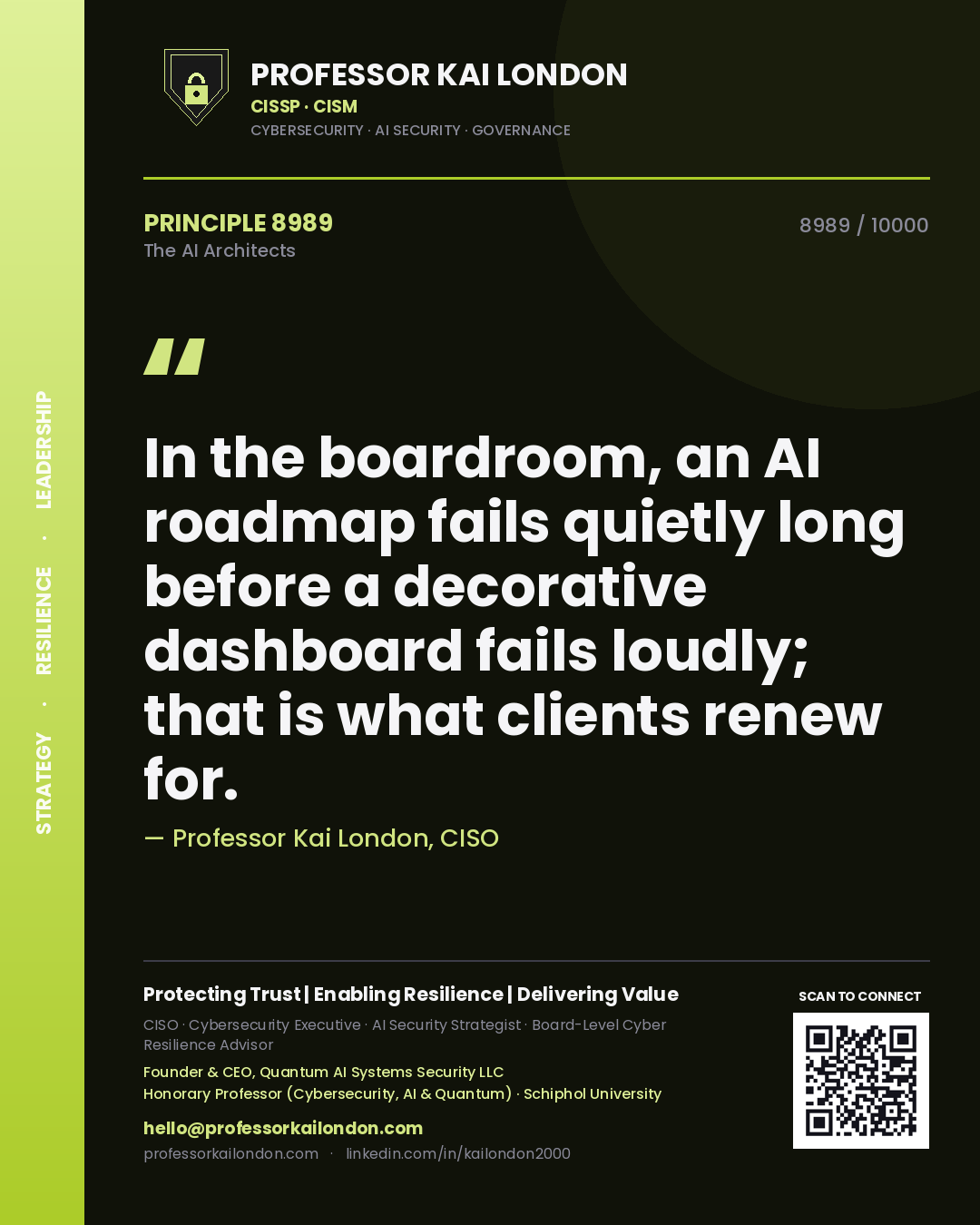 Professor Kai London principle 8989: In the boardroom, an AI roadmap fails quietly long before a decorative dashboard fails loudly; that is what clients renew for.