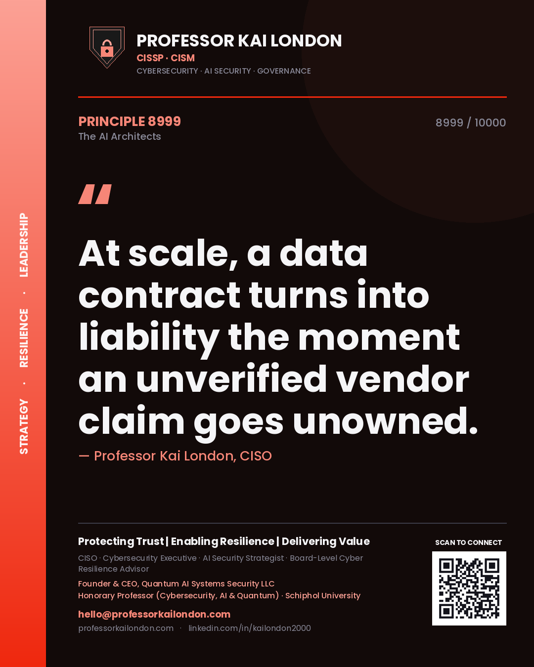 Quote card by Professor Kai London reading 'At scale, a data contract turns into liability the moment an unverified vendor claim goes unowned.'. From the book The AI Architects.