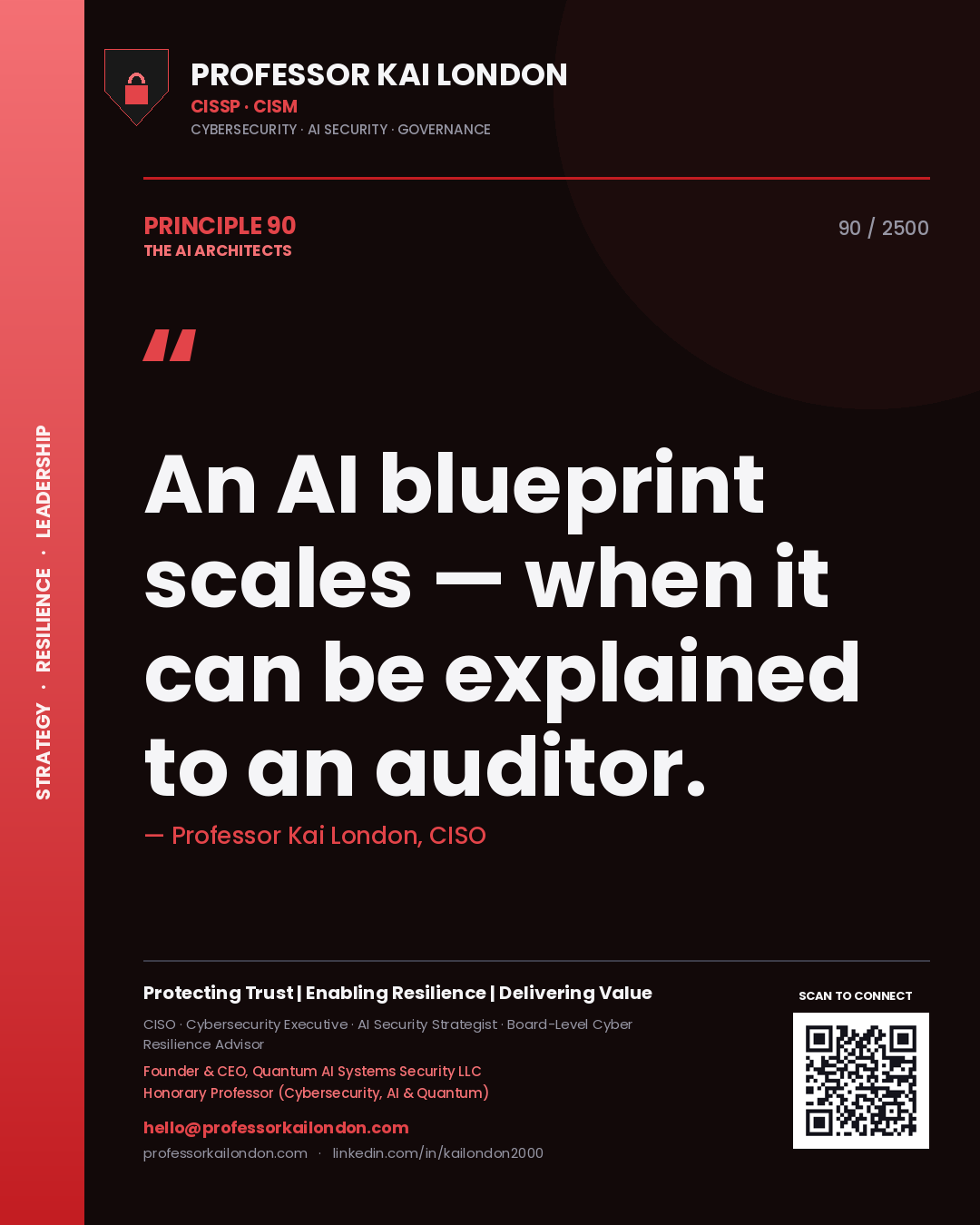 Quote card by Professor Kai London reading 'An AI blueprint scales — when it can be explained to an auditor.'. From the book The AI Architects.