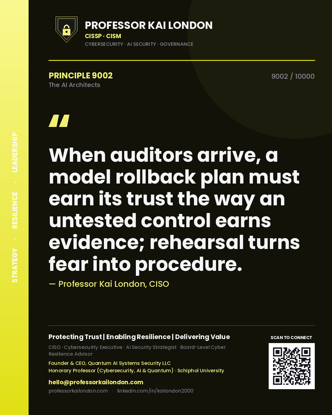 Quote card by Professor Kai London reading 'When auditors arrive, a model rollback plan must earn its trust the way an untested control earns evidence; rehearsal turns fear into procedure.'. From the book The AI Architects.