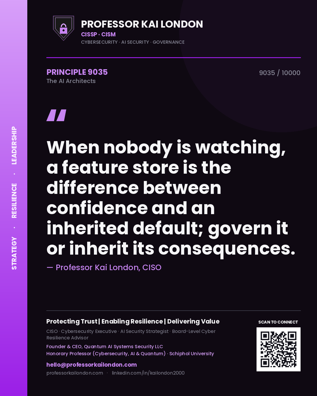 Quote card by Professor Kai London reading 'When nobody is watching, a feature store is the difference between confidence and an inherited default; govern it or inherit its consequences.'. From the book The AI Architects.