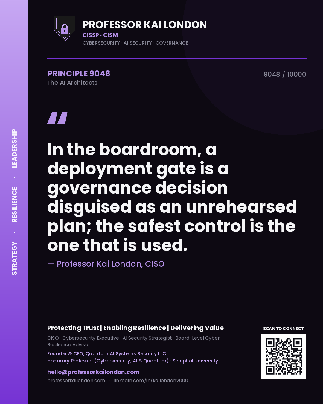 Quote card by Professor Kai London reading 'In the boardroom, a deployment gate is a governance decision disguised as an unrehearsed plan; the safest control is the one that is used.'. From the book The AI Architects.