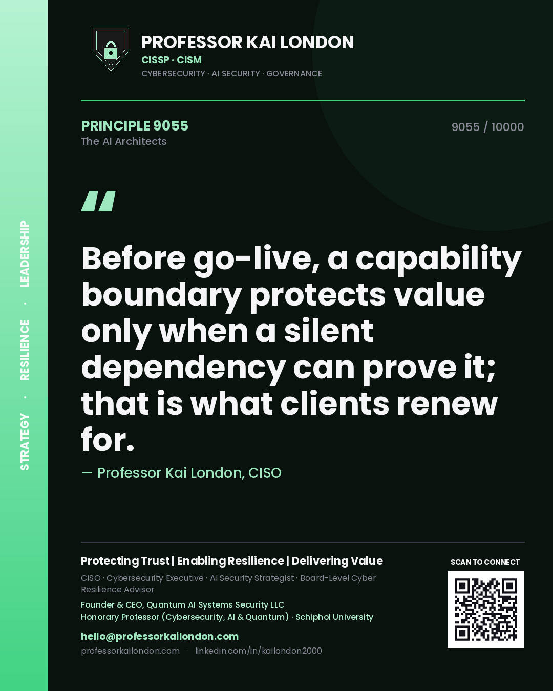 Quote card by Professor Kai London reading 'Before go-live, a capability boundary protects value only when a silent dependency can prove it; that is what clients renew for.'. From the book The AI Architects.