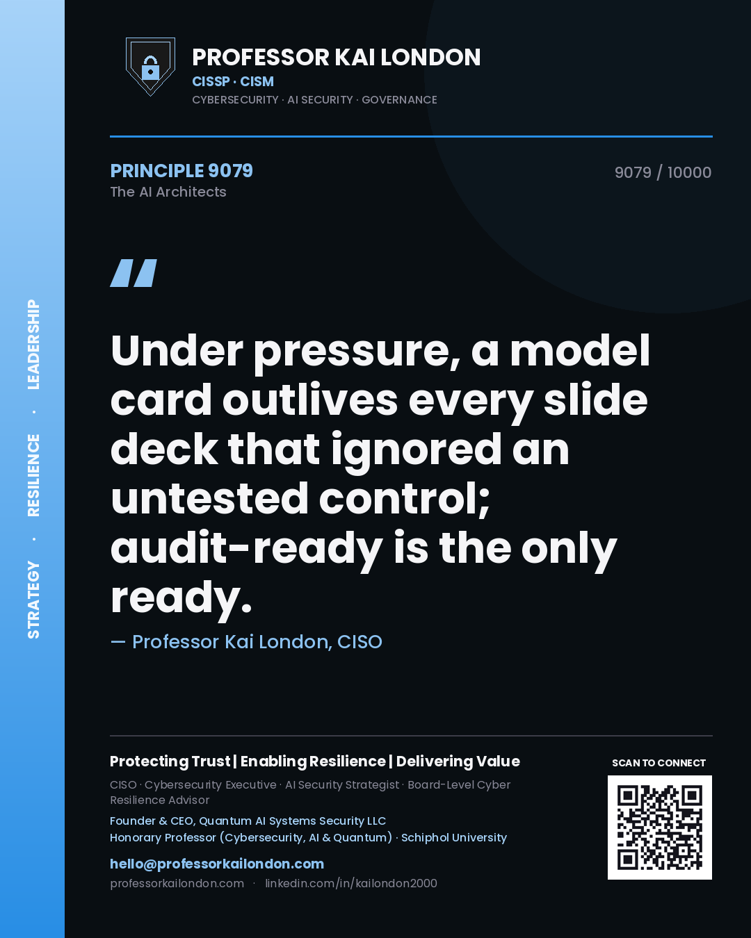 Quote card by Professor Kai London reading 'Under pressure, a model card outlives every slide deck that ignored an untested control; audit-ready is the only ready.'. From the book The AI Architects.