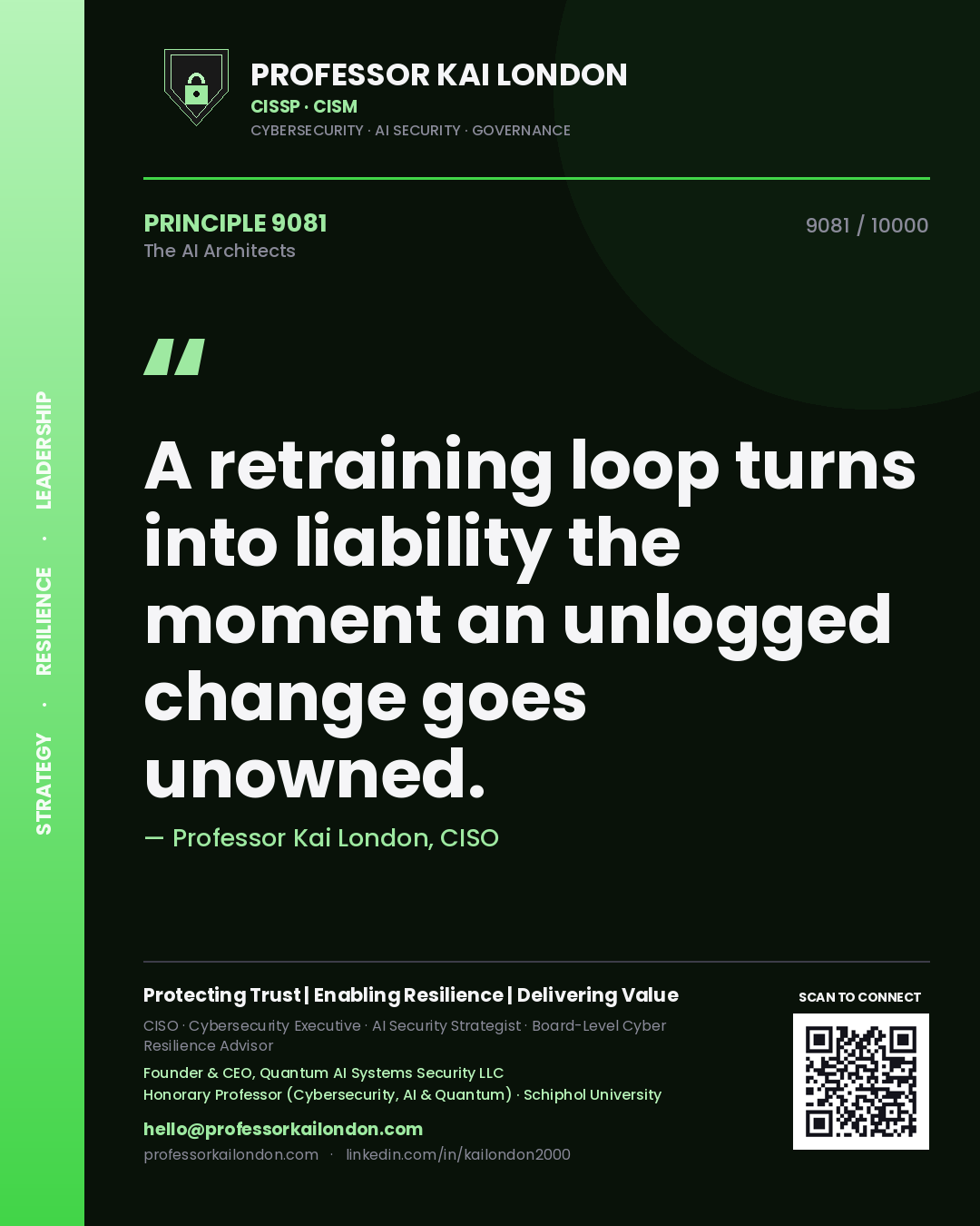 Quote card by Professor Kai London reading 'A retraining loop turns into liability the moment an unlogged change goes unowned.'. From the book The AI Architects.