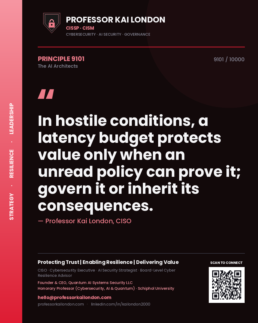 Professor Kai London principle 9101: In hostile conditions, a latency budget protects value only when an unread policy can prove it; govern it or inherit its consequences.