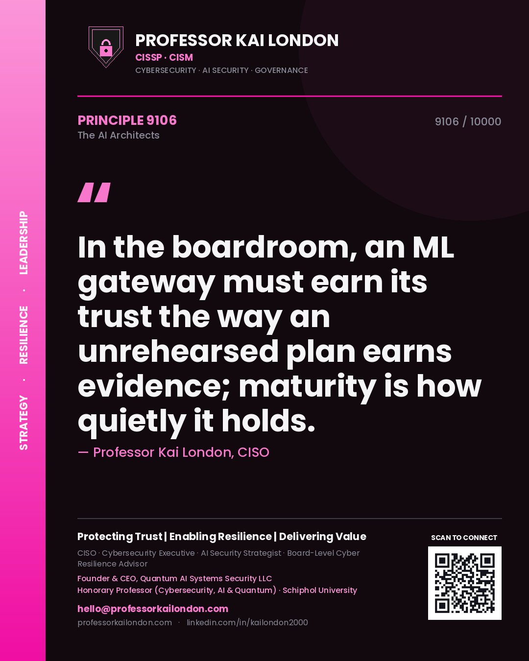 Quote card by Professor Kai London reading 'In the boardroom, an ML gateway must earn its trust the way an unrehearsed plan earns evidence; maturity is how quietly it holds.'. From the book The AI Architects.