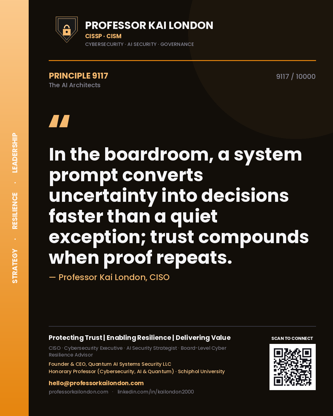 Quote card by Professor Kai London reading 'In the boardroom, a system prompt converts uncertainty into decisions faster than a quiet exception; trust compounds when proof repeats.'. From the book The AI Architects.
