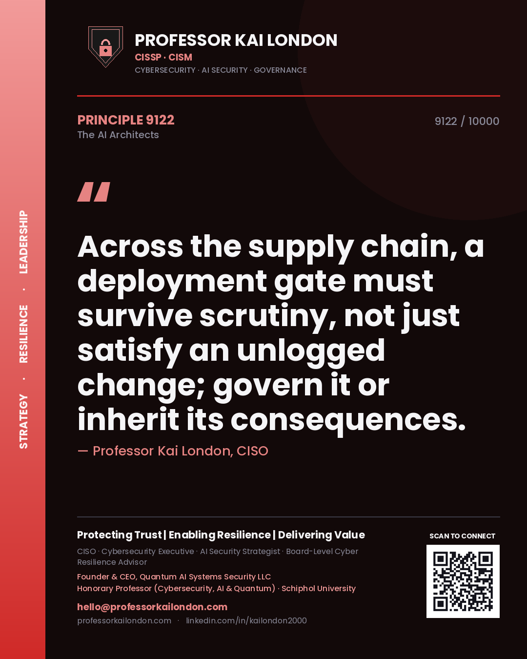Professor Kai London principle 9122: Across the supply chain, a deployment gate must survive scrutiny, not just satisfy an unlogged change; govern it or inherit its consequences.