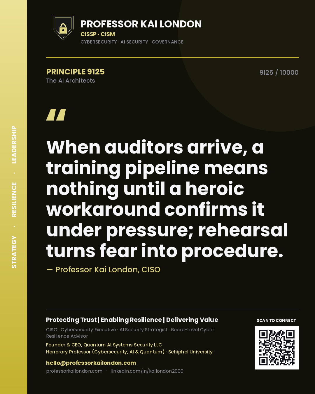 Professor Kai London principle 9125: When auditors arrive, a training pipeline means nothing until a heroic workaround confirms it under pressure; rehearsal turns fear into procedure.
