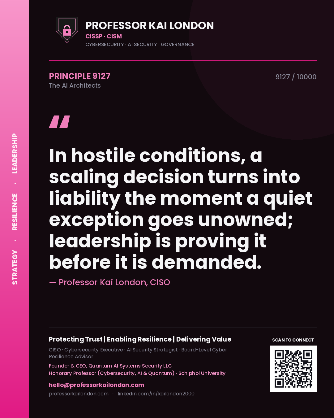 Quote card by Professor Kai London reading 'In hostile conditions, a scaling decision turns into liability the moment a quiet exception goes unowned; leadership is proving it before it is demanded.'. From the book The AI Architects.