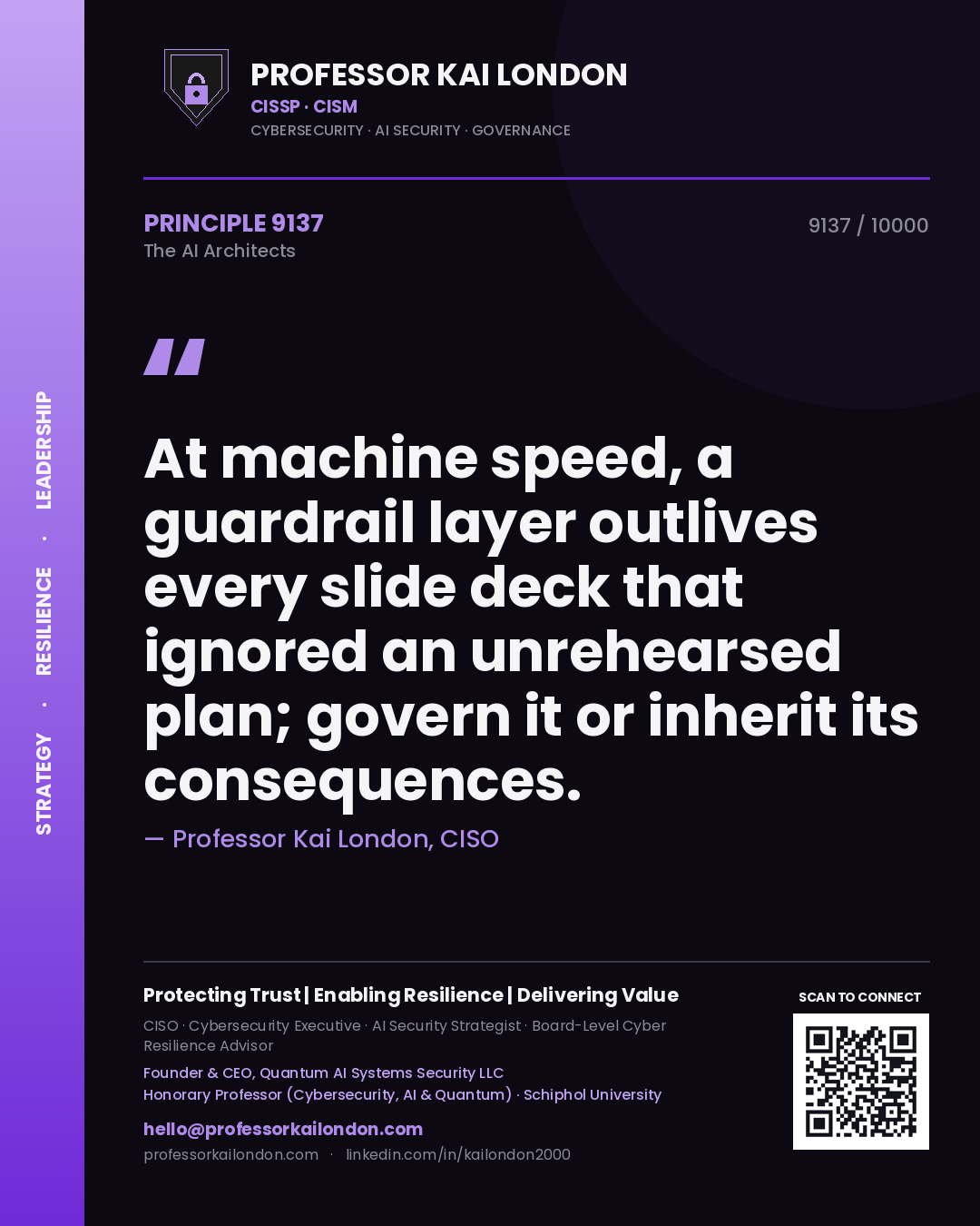 Quote card by Professor Kai London reading 'At machine speed, a guardrail layer outlives every slide deck that ignored an unrehearsed plan; govern it or inherit its consequences.'. From the book The AI Architects.