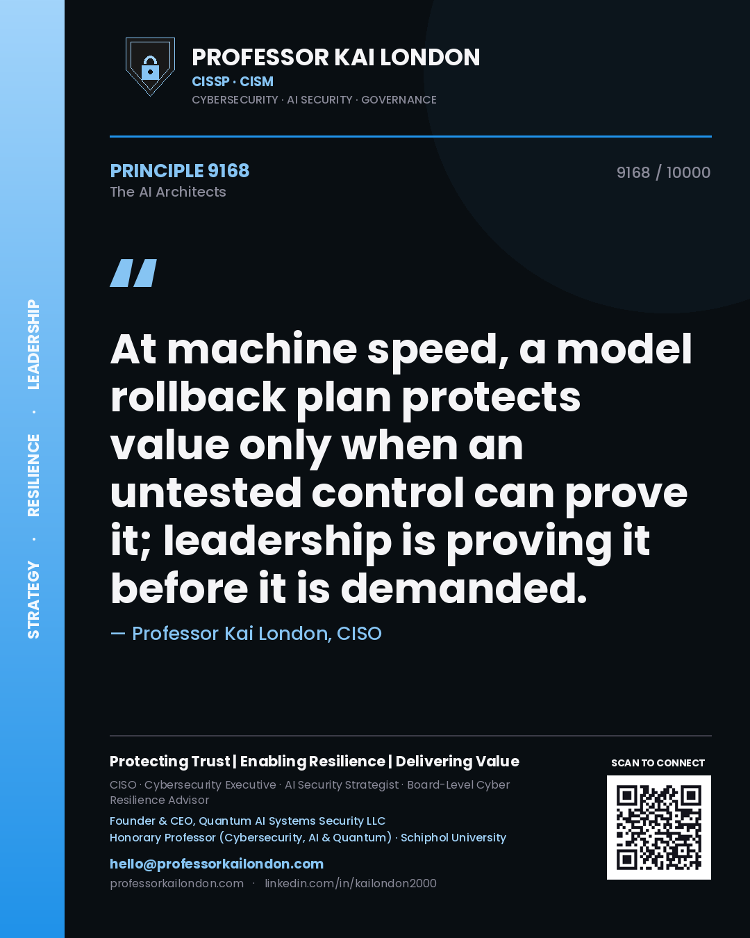 Quote card by Professor Kai London reading 'At machine speed, a model rollback plan protects value only when an untested control can prove it; leadership is proving it before it is demanded.'. From the book The AI Architects.