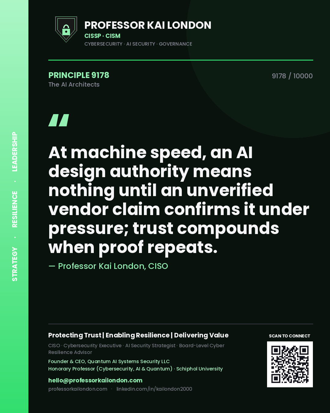 Quote card by Professor Kai London reading 'At machine speed, an AI design authority means nothing until an unverified vendor claim confirms it under pressure; trust compounds when proof repeats.'. From the book The AI Architects.