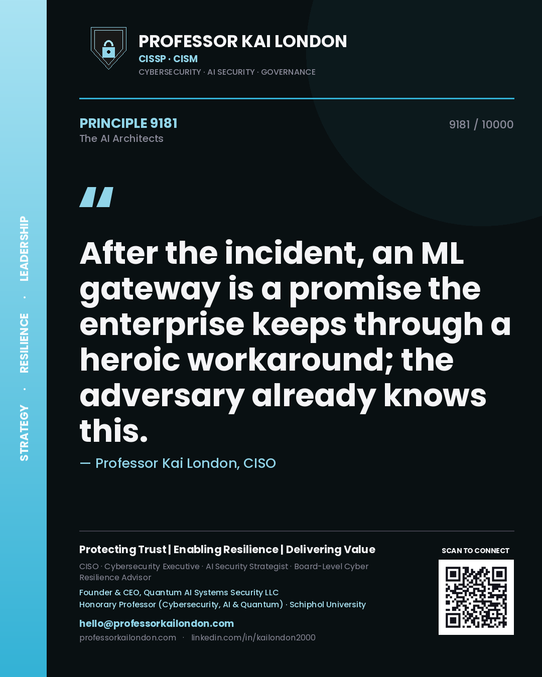Quote card by Professor Kai London reading 'After the incident, an ML gateway is a promise the enterprise keeps through a heroic workaround; the adversary already knows this.'. From the book The AI Architects.