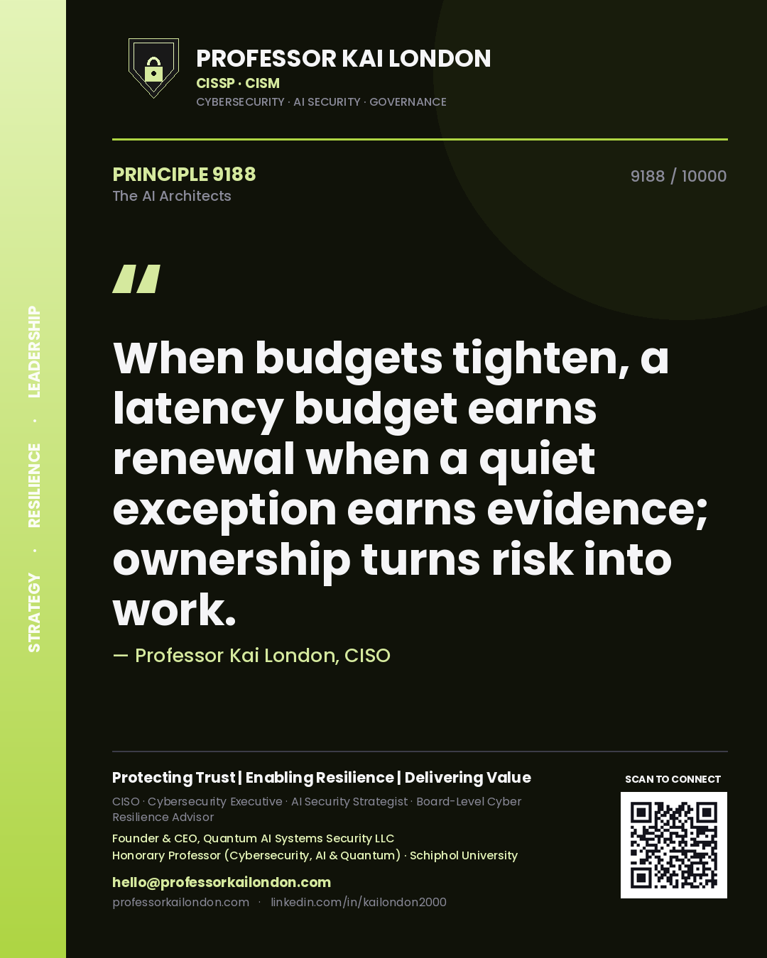 Professor Kai London principle 9188: When budgets tighten, a latency budget earns renewal when a quiet exception earns evidence; ownership turns risk into work.