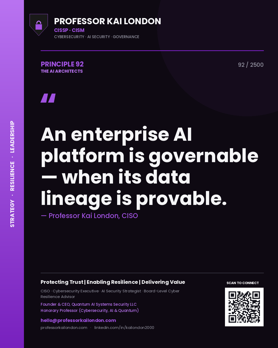 Quote card by Professor Kai London reading 'An enterprise AI platform is governable — when its data lineage is provable.'. From the book The AI Architects.