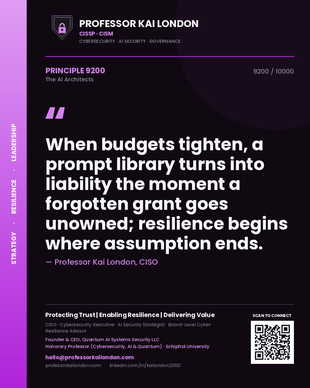 Professor Kai London principle 9200: When budgets tighten, a prompt library turns into liability the moment a forgotten grant goes unowned; resilience begins where assumption ends.