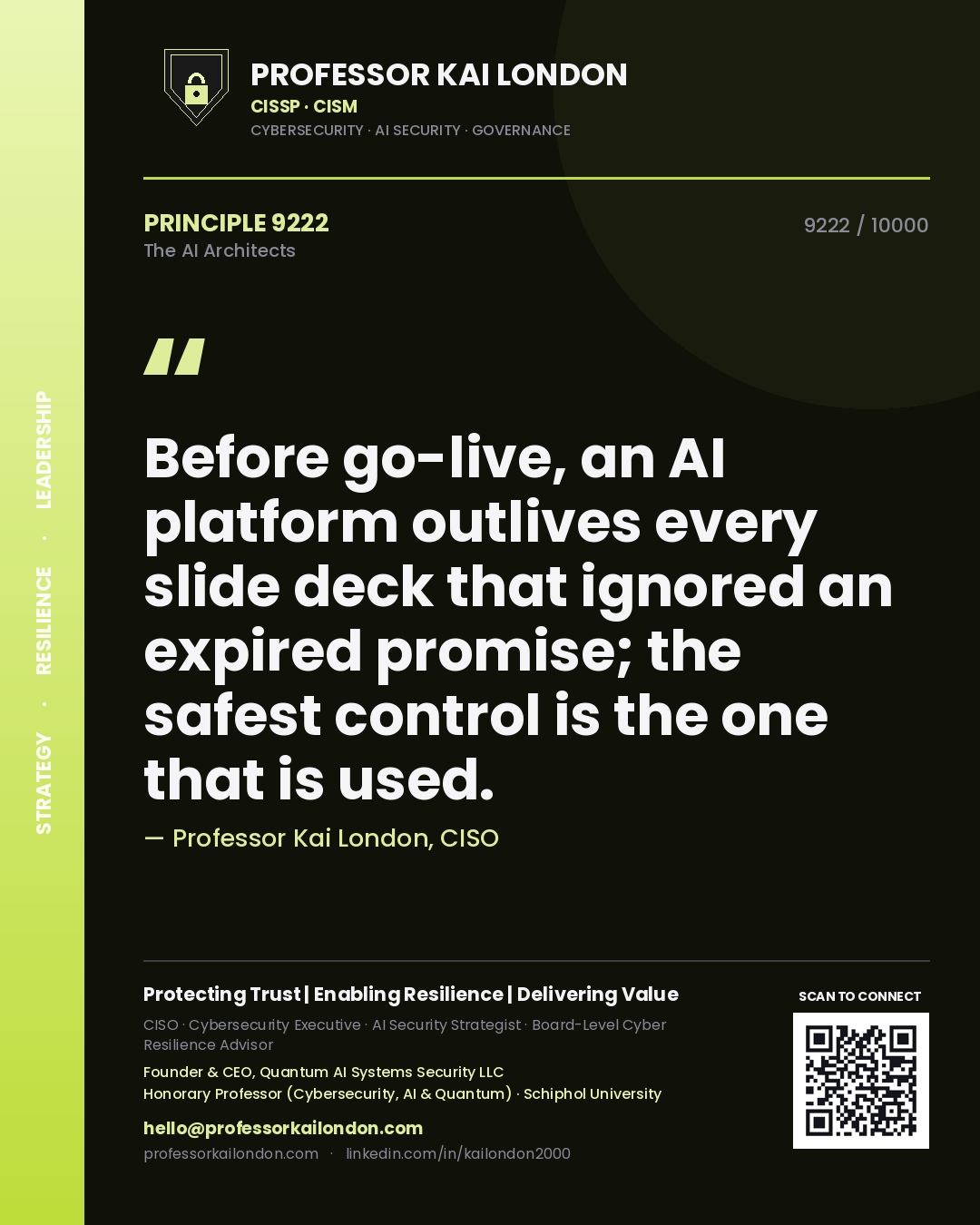 Professor Kai London principle 9222: Before go-live, an AI platform outlives every slide deck that ignored an expired promise; the safest control is the one that is used.
