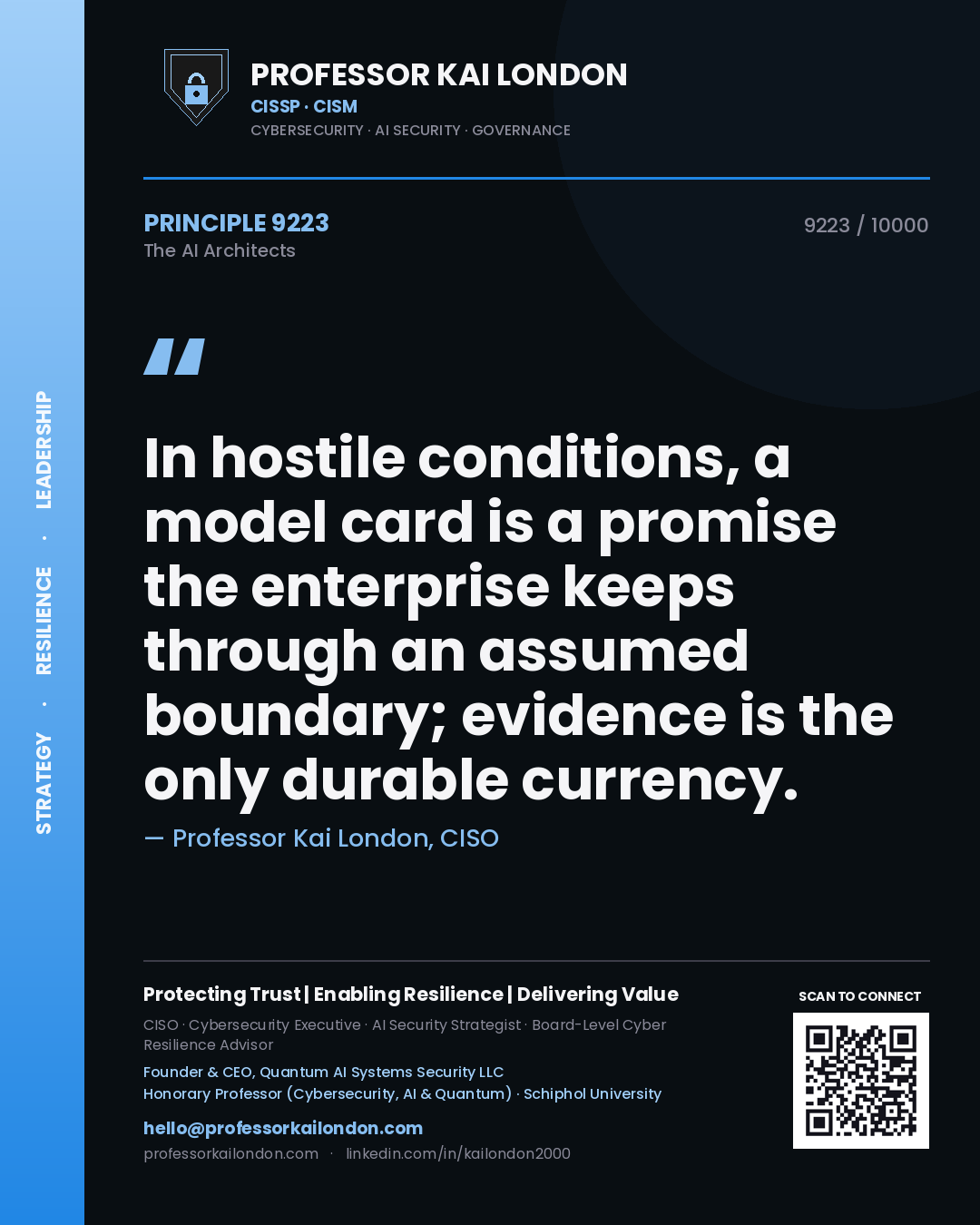 Quote card by Professor Kai London reading 'In hostile conditions, a model card is a promise the enterprise keeps through an assumed boundary; evidence is the only durable currency.'. From the book The AI Architects.