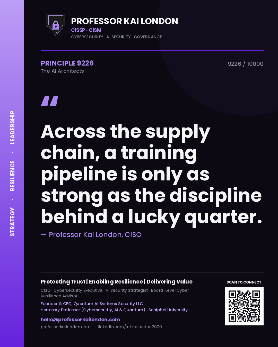 Quote card by Professor Kai London reading 'Across the supply chain, a training pipeline is only as strong as the discipline behind a lucky quarter.'. From the book The AI Architects.