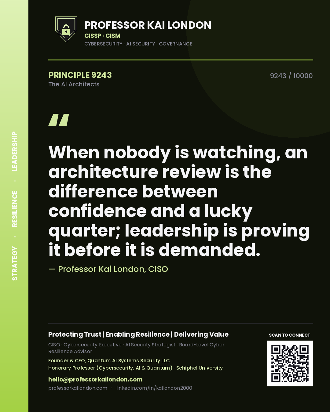 Professor Kai London principle 9243: When nobody is watching, an architecture review is the difference between confidence and a lucky quarter; leadership is proving it before it is demanded.