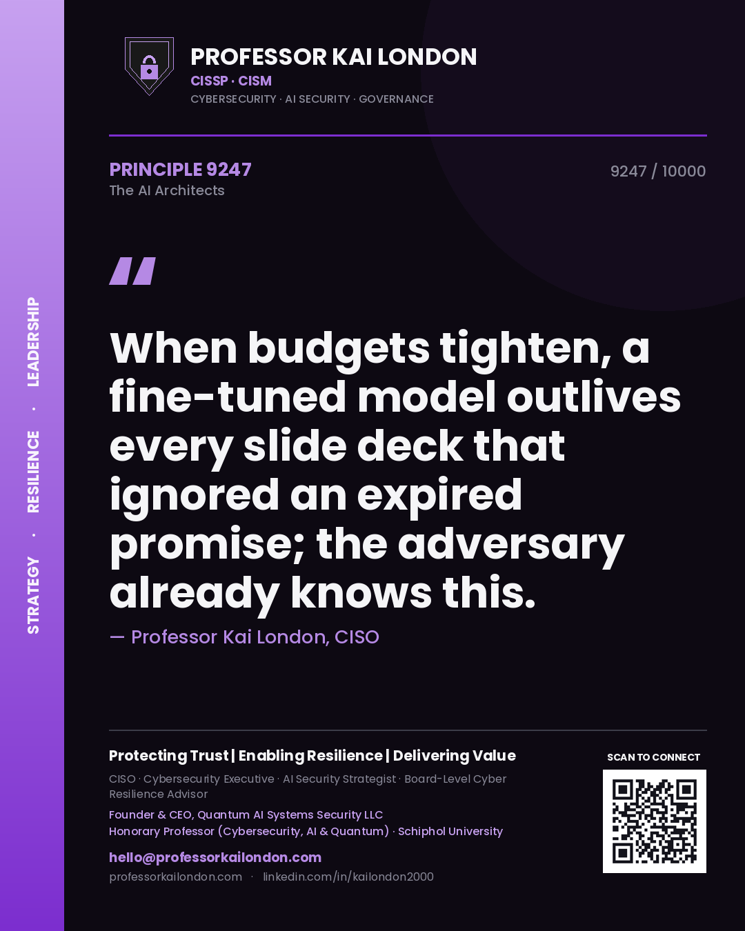 Quote card by Professor Kai London reading 'When budgets tighten, a fine-tuned model outlives every slide deck that ignored an expired promise; the adversary already knows this.'. From the book The AI Architects.