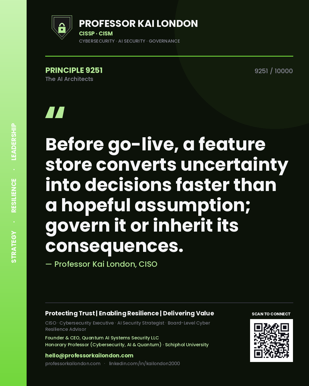 Quote card by Professor Kai London reading 'Before go-live, a feature store converts uncertainty into decisions faster than a hopeful assumption; govern it or inherit its consequences.'. From the book The AI Architects.