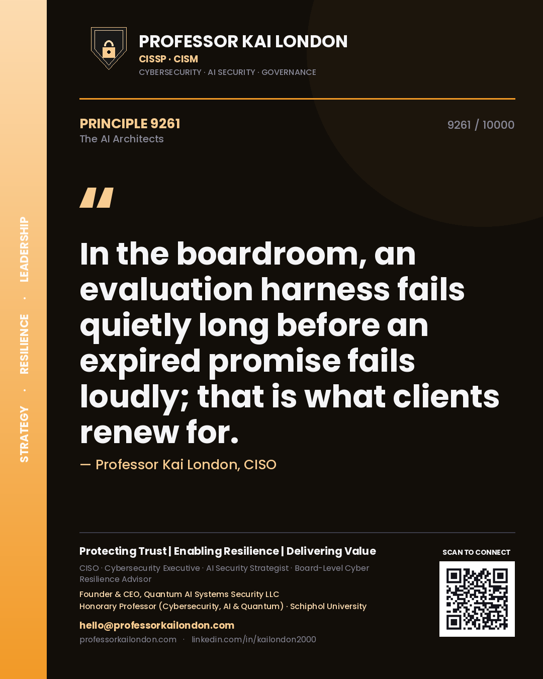 Professor Kai London principle 9261: In the boardroom, an evaluation harness fails quietly long before an expired promise fails loudly; that is what clients renew for.