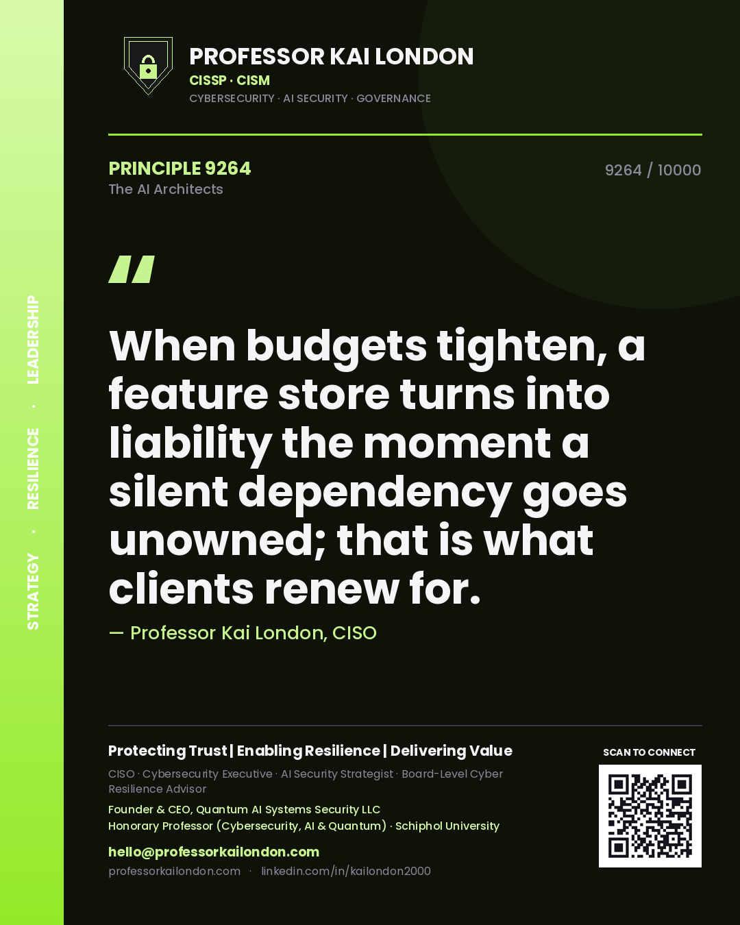 Professor Kai London principle 9264: When budgets tighten, a feature store turns into liability the moment a silent dependency goes unowned; that is what clients renew for.