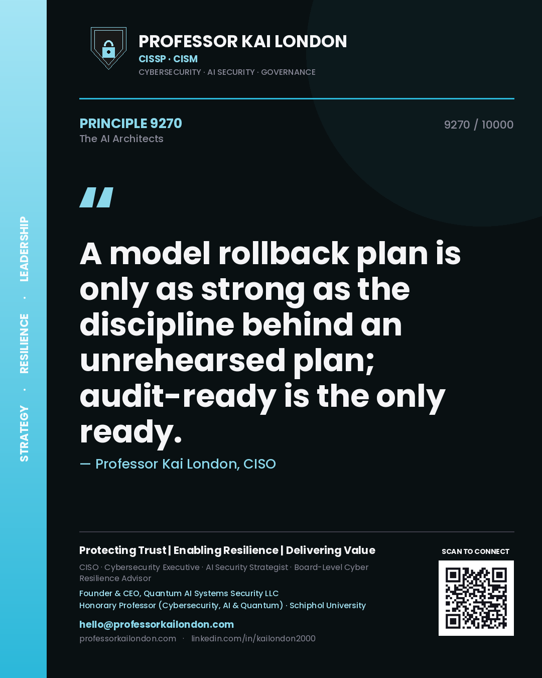 Quote card by Professor Kai London reading 'A model rollback plan is only as strong as the discipline behind an unrehearsed plan; audit-ready is the only ready.'. From the book The AI Architects.