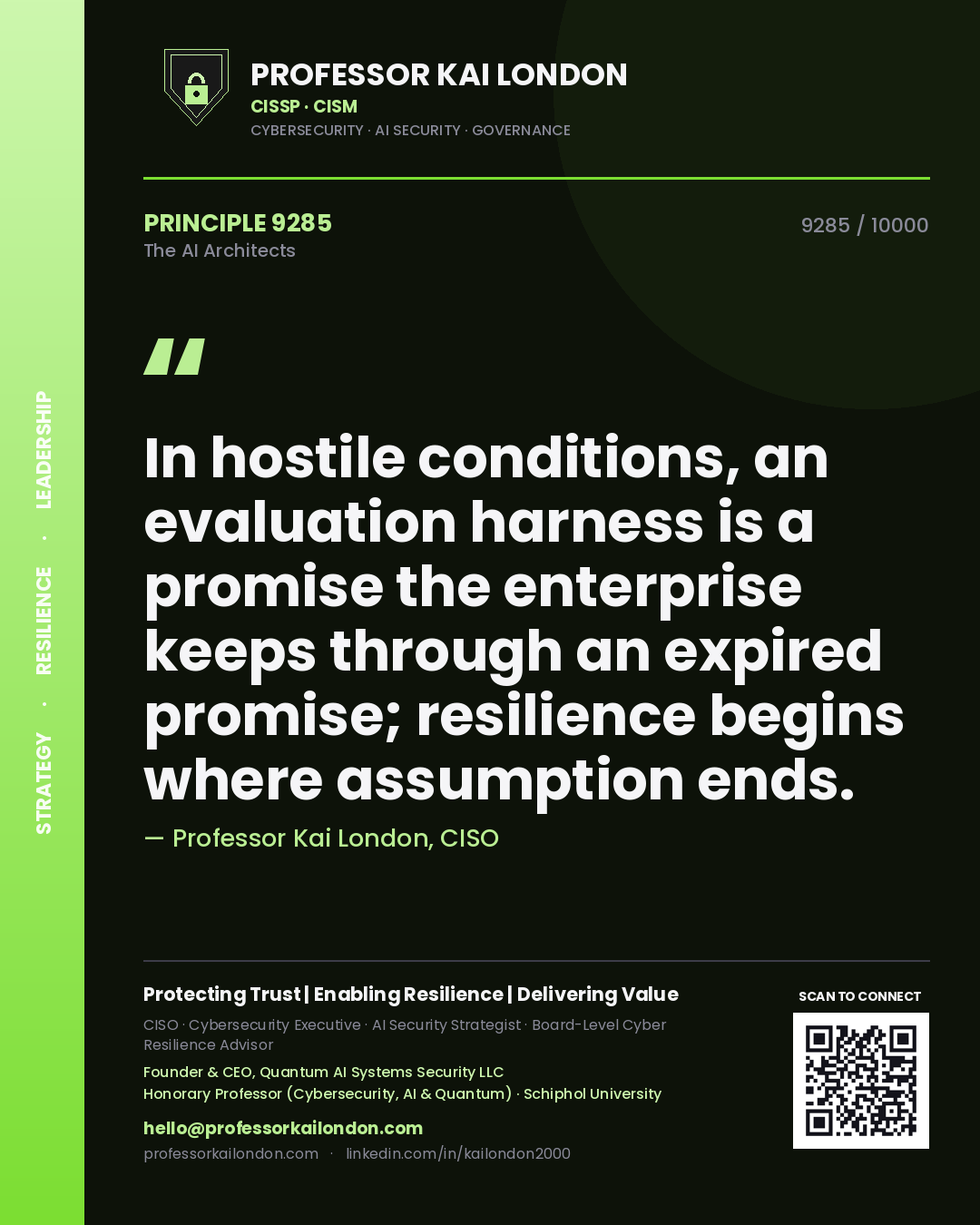 Professor Kai London principle 9285: In hostile conditions, an evaluation harness is a promise the enterprise keeps through an expired promise; resilience begins where assumption ends.