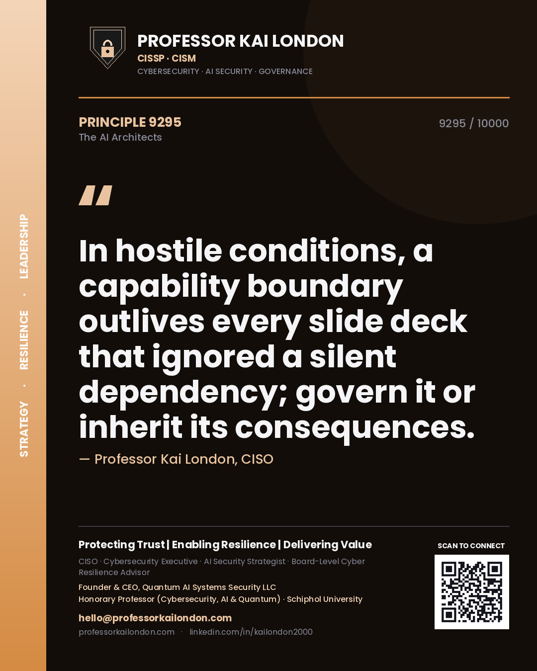 Professor Kai London principle 9295: In hostile conditions, a capability boundary outlives every slide deck that ignored a silent dependency; govern it or inherit its consequences.