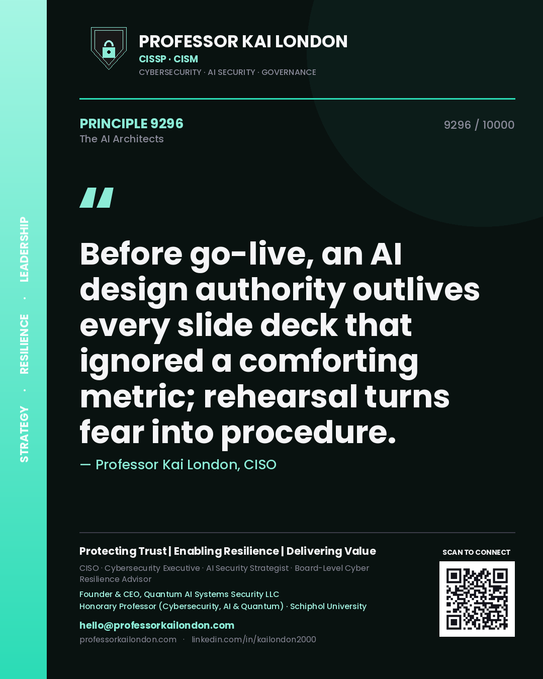 Professor Kai London principle 9296: Before go-live, an AI design authority outlives every slide deck that ignored a comforting metric; rehearsal turns fear into procedure.