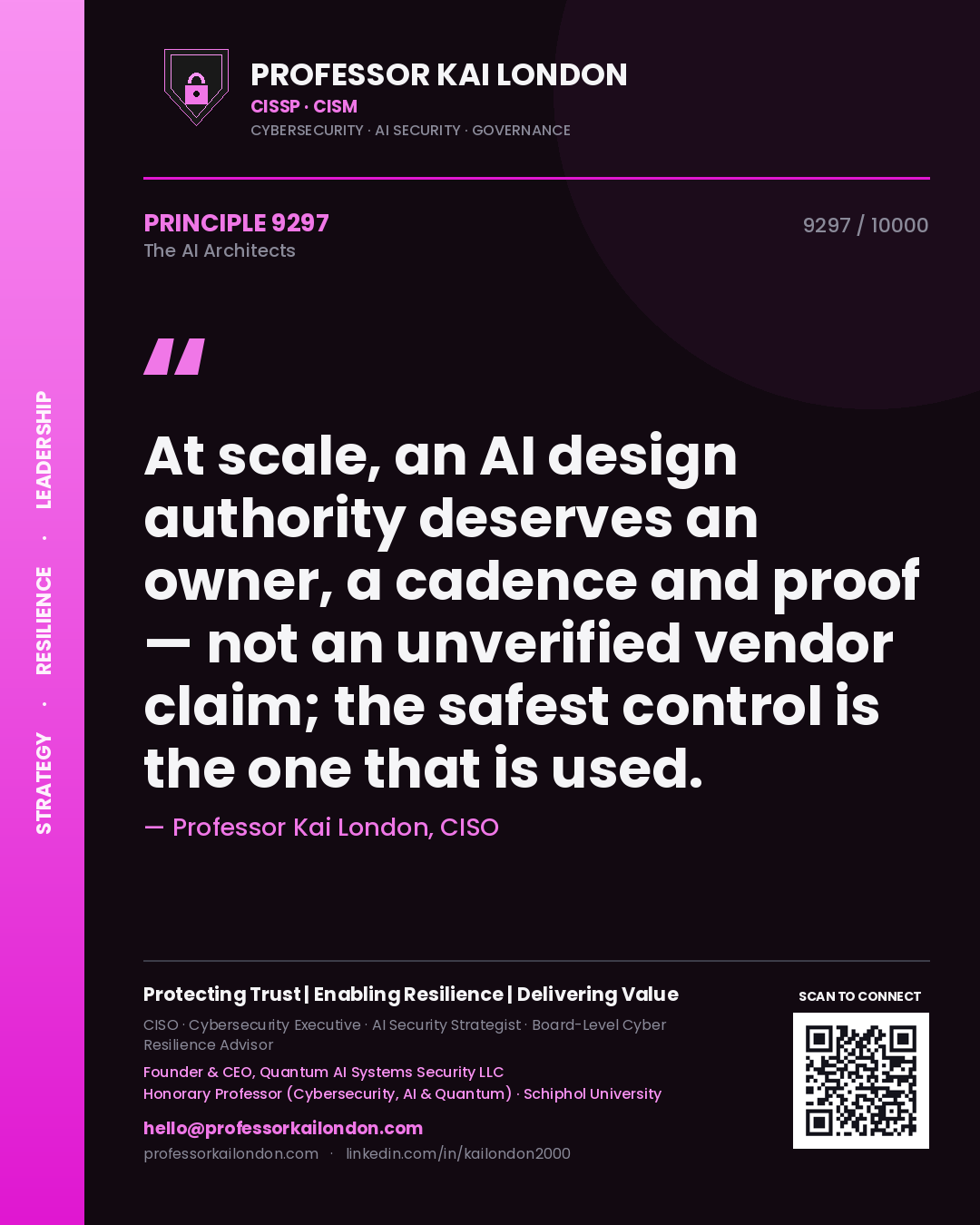 Professor Kai London principle 9297: At scale, an AI design authority deserves an owner, a cadence and proof — not an unverified vendor claim; the safest control is the one that is used.
