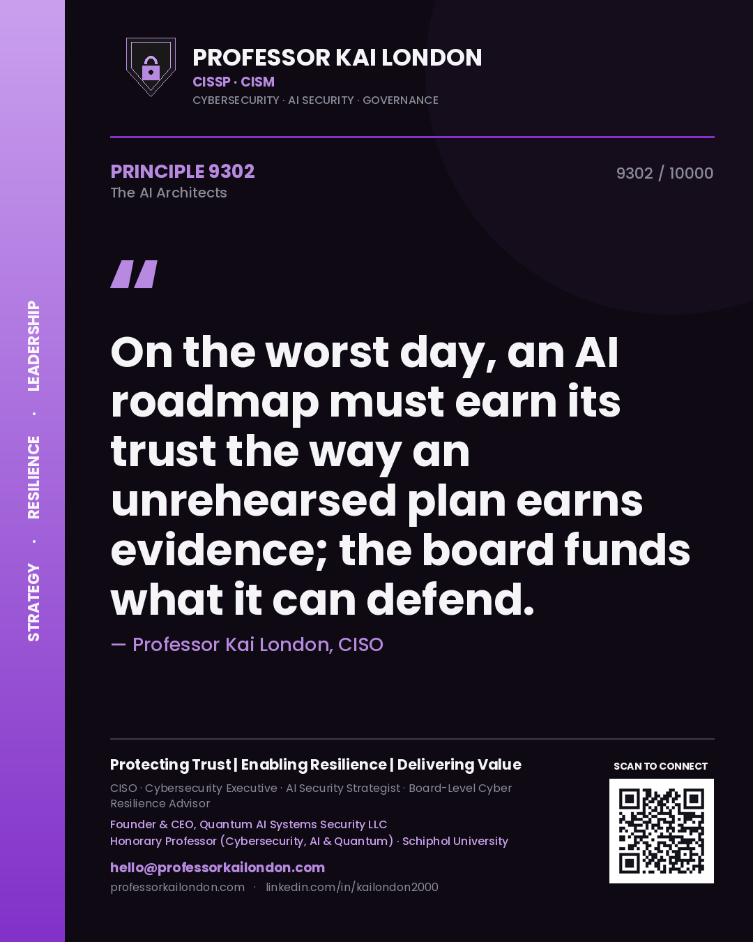 Quote card by Professor Kai London reading 'On the worst day, an AI roadmap must earn its trust the way an unrehearsed plan earns evidence; the board funds what it can defend.'. From the book The AI Architects.