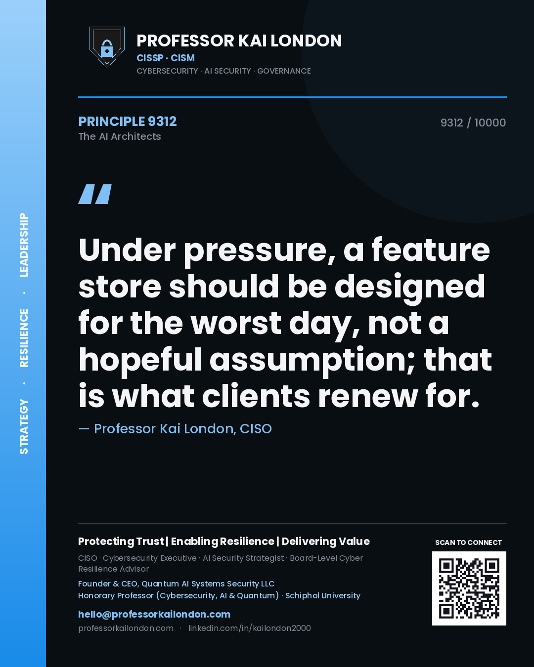 Professor Kai London principle 9312: Under pressure, a feature store should be designed for the worst day, not a hopeful assumption; that is what clients renew for.