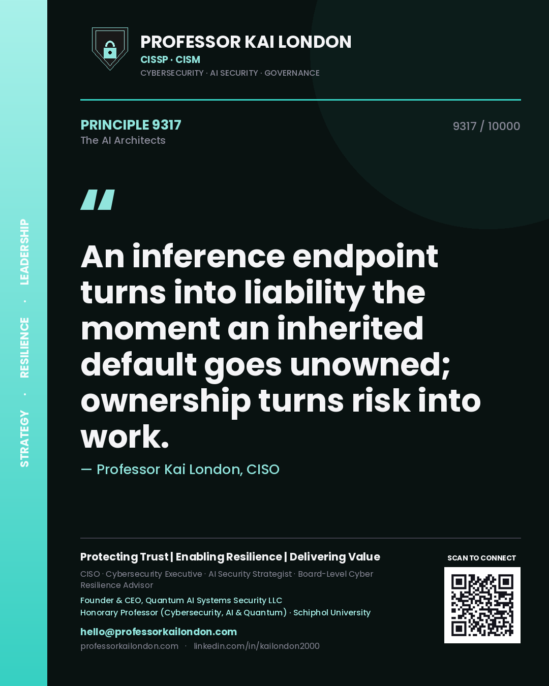 Quote card by Professor Kai London reading 'An inference endpoint turns into liability the moment an inherited default goes unowned; ownership turns risk into work.'. From the book The AI Architects.