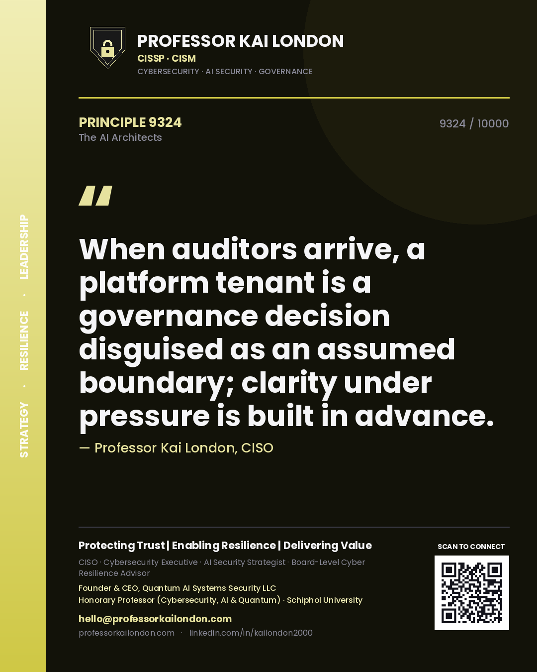 Professor Kai London principle 9324: When auditors arrive, a platform tenant is a governance decision disguised as an assumed boundary; clarity under pressure is built in advance.