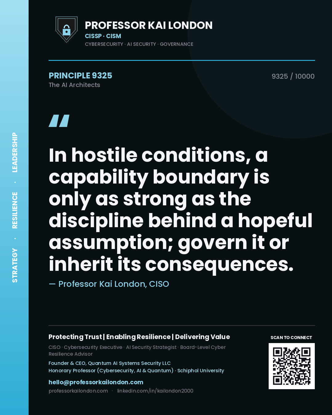 Quote card by Professor Kai London reading 'In hostile conditions, a capability boundary is only as strong as the discipline behind a hopeful assumption; govern it or inherit its consequences.'. From the book The AI Architects.